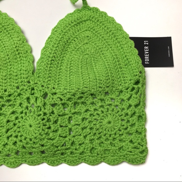 F21 Lime Green Crochet Cropped Cami Halter Top - Picture 3 of 5